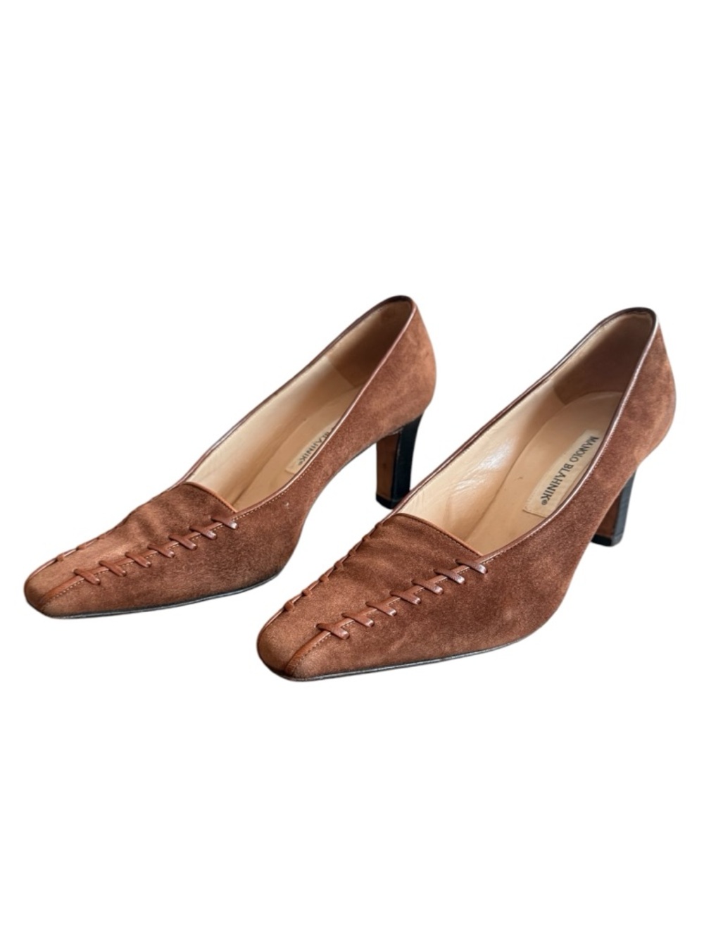 MANOLO BLAHNIK Vintage Brown Suede Whipstitch Square Toe Retro Pumps EU39 US 9